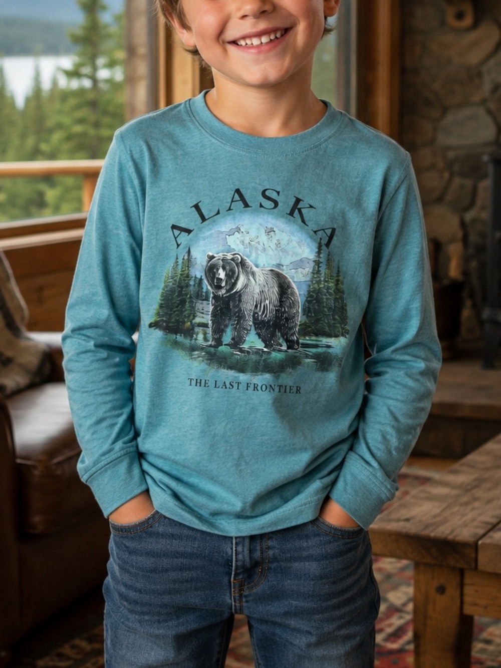🏔️ALASKA Vintage Outdoor Travel Graphic Long-Sleeve Kids Tee - Boys Ages 6-8